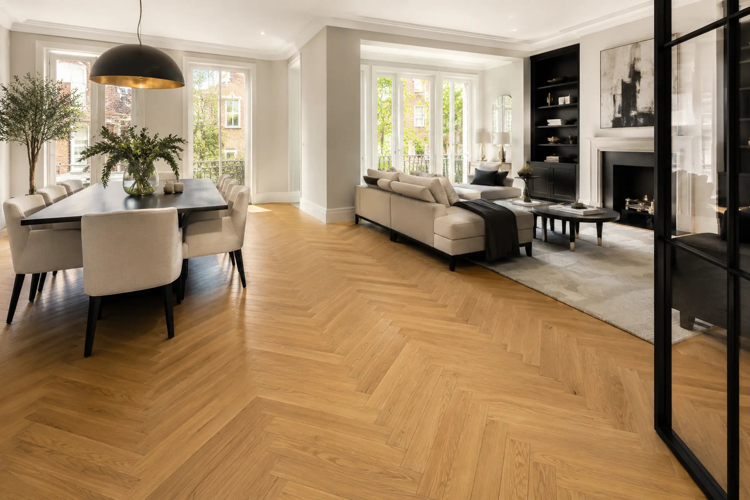 Completed chevron oak flooring project