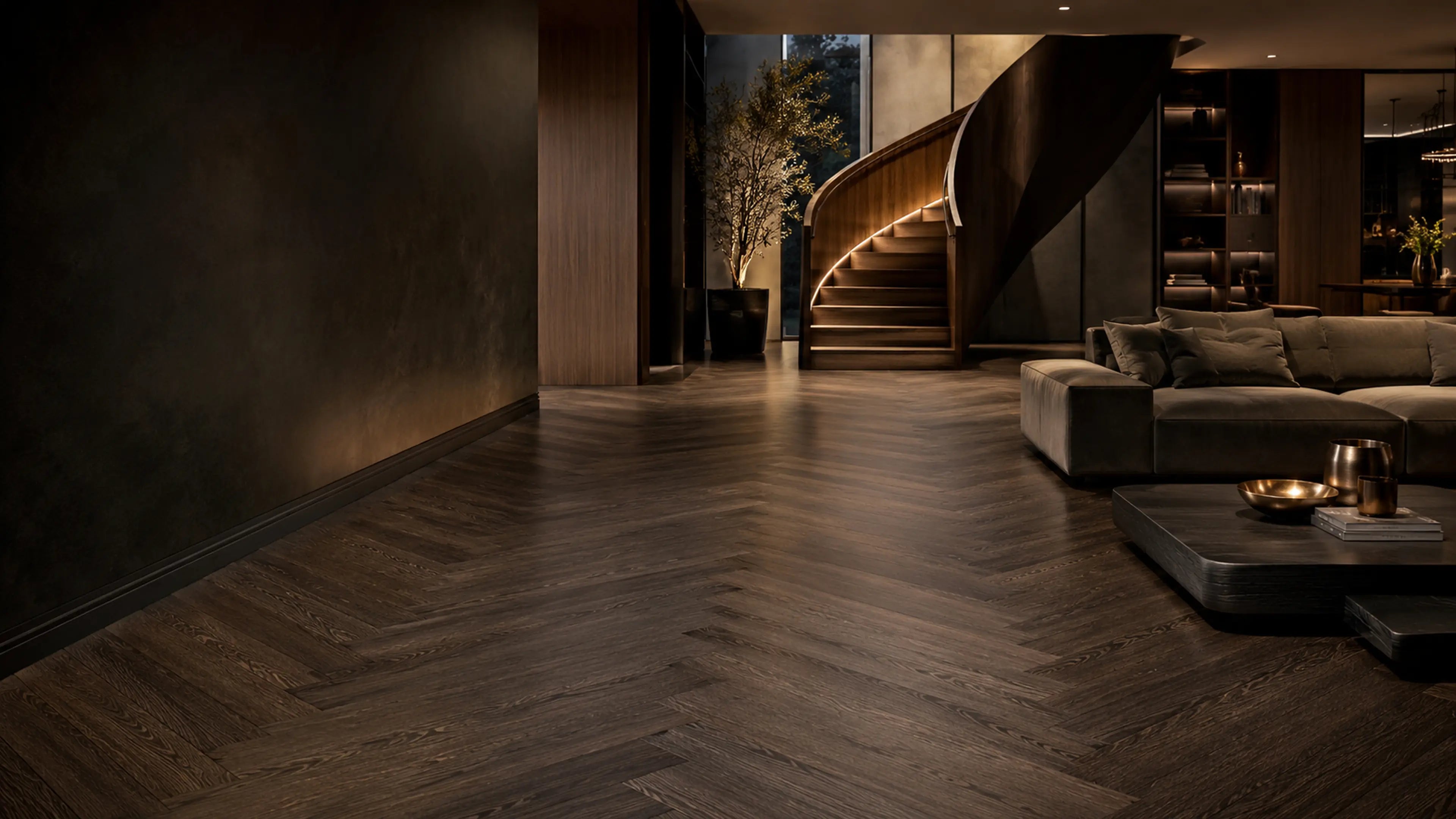Luxury dark oak herringbone floor and bespoke staircase